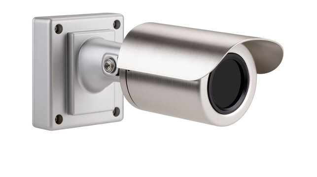 Brushed metal security camera with protective hood, isolated on transparent background
