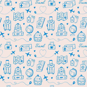 Travel and vacation life essentials hand drawn vector doodle illustrations in sketch style. Tourism and journey design in beige blue colors for wrapping paper, textile, fabric, wallpaper, background