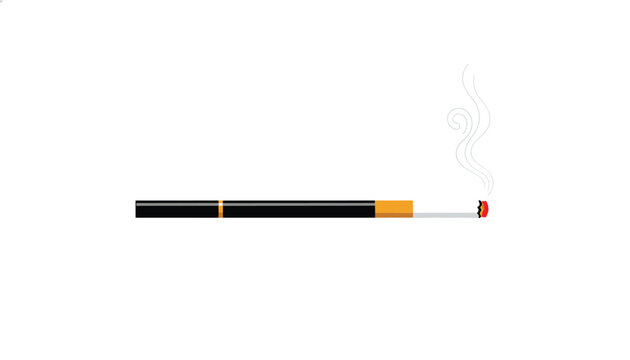 Long black retro cigarette holder with a lit cigarette and thin wisps of smoke is isolated on a clean white background.