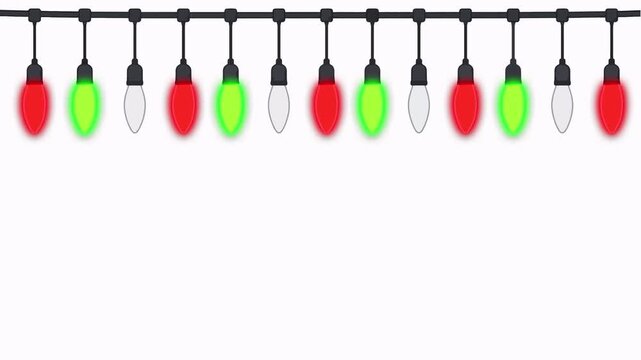 Decorative celebration garland with glowing red green yellow blue light bulbs, Colorful string lights with blue bulbs blinking loop animation.