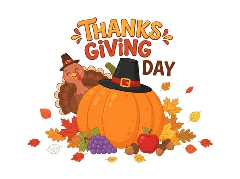 Festive thanksgiving day illustration featuring a cute turkey a pumpkin wearing a pilgrim hat and autumn foliage