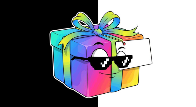 Cool and funny colorful cartoon gift box character wearing pixel sunglasses with ribbon bow against a black and white background