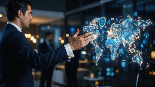 Businessman in suit touching a glowing digital world map projection, visualizing global connectivity, international business strategy, network analysis, and corporate expansion