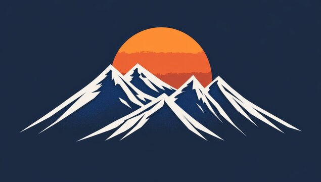 Stylized Snowy Mountain Range With Rising Sun Illustration.