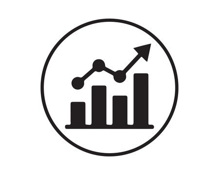 Bar chart graphic with an upward pointing arrow inside a circle denotes financial growth and statistical performance improvement for corporate reports.