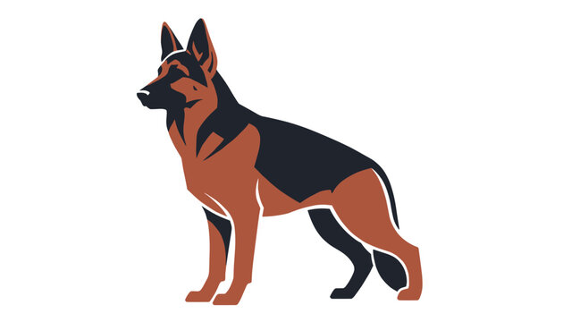 Graphic silhouette vector illustration of a German Shepherd dog standing in profile isolated on a plain white background.