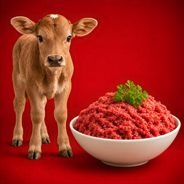 Young brown cow looking at camera with raw beef in bowl on red background