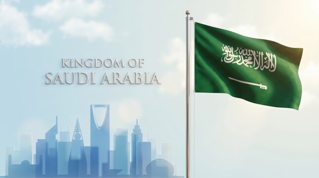 Waving flag of saudi arabia on a metal pole against a light blue sky with a silhouette of a city skyline and the text kingdom of saudi arabia written in grey letters