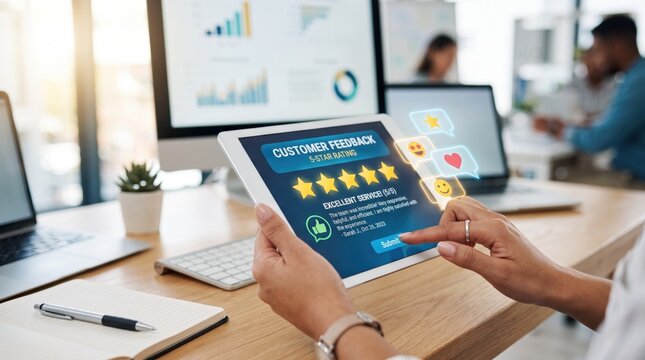 Hands holding tablet displaying customer feedback screen with five star rating and excellent service review, illustrating positive client satisfaction, user experience