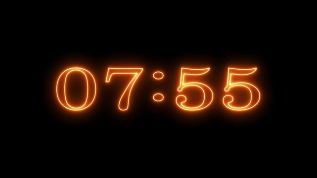 glowing neon 8 minute Countdown timer. neon 8 to 7 minute Countdown timer on black background. Neon orange digital clock counting down from 800 on black background.