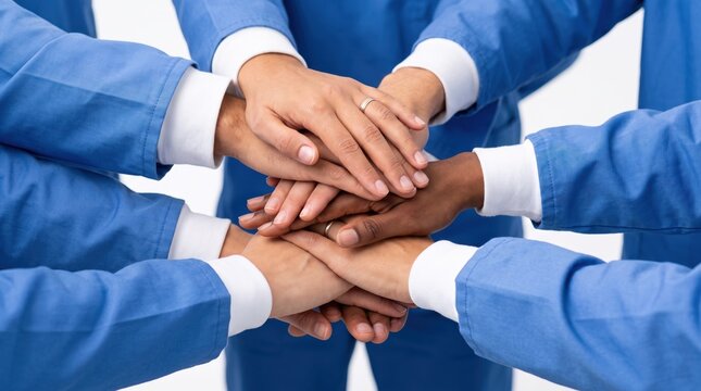 Medical team hands stacked together, unity and collaboration in healthcare, doctors and nurses joining forces, hospital staff solidarity, multidisciplinary medical group