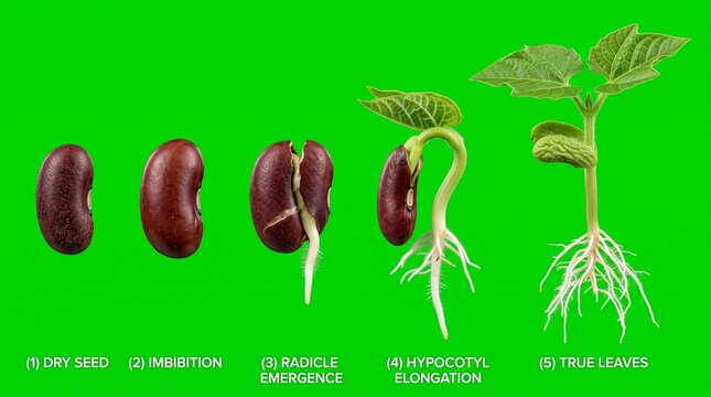 Seed germination stages sequence. Plant growth cycle from bean to sprout with roots.