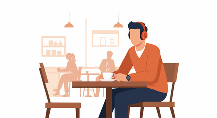 Fototapeta premium Flat Illustration of a Man Wearing Headphones Drinking Coffee in a Cafe, Urban Lifestyle and Remote Work Concept