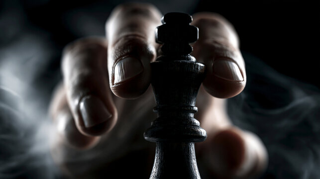 Close-up of hand making a chess move with black king in dramatic lighting, strategy and leadership concept	