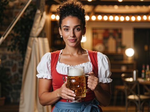 Woman holding beer mug celebrating oktoberfest tradition