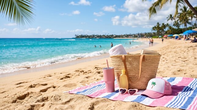 Woven straw beach bag with white towel pink tumbler heart sunglasses and baseball cap on a striped towel on golden sand at a tropical beach with turquoise ocean water and palm trees