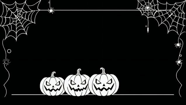 Three scary pumpkins with spider webs on a dark black halloween background