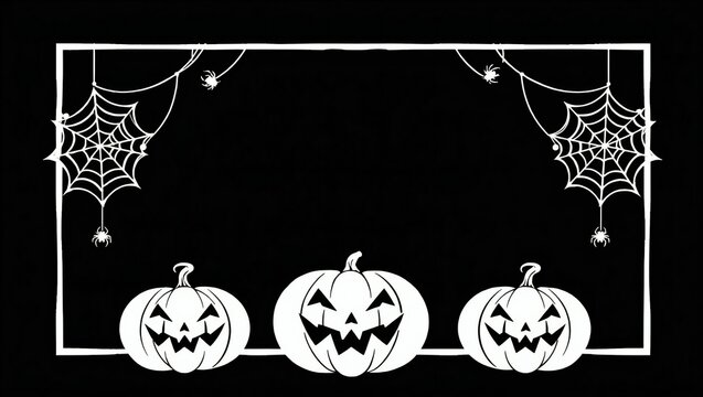 Three spooky halloween pumpkins with spider webs in a decorative rectangular frame