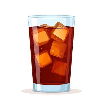 A glass of dark iced tea or cola with floating ice cubes sits against a white background.
