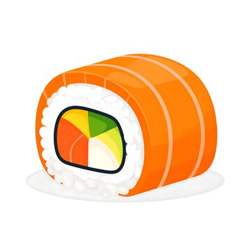 A stylized vector illustration depicts a single piece of salmon sushi roll on a white.
