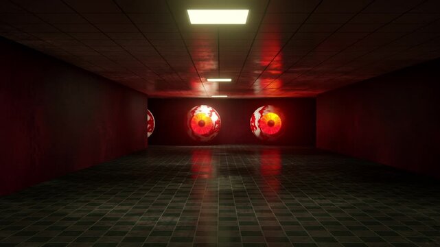 Monster eyes are flying down the old corridor