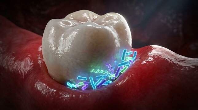 Close up microscopic view of bacteria on human tooth surface showing dental plaque and gingivitis, health and hygiene concept, medical illustration.
