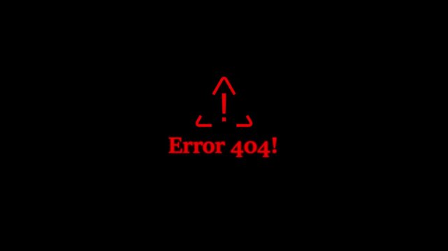 Red error 404 not found warning sign animation on black background, for web development, and system failure concepts 4k Stock video.