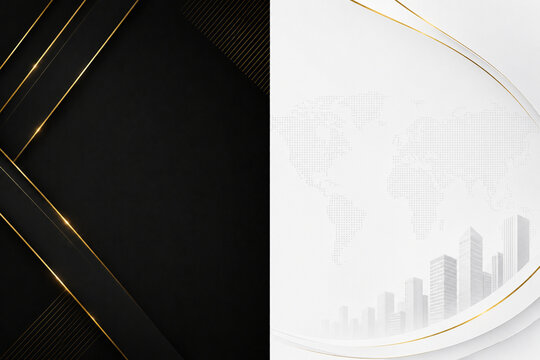 Luxury corporate business background template set with black geometric layers and white gold global world map with growth chart