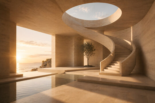 Luxury Minimalist Travertine Interior with Spiral Staircase, Oculus and Reflecting Pool