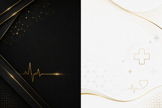 Luxury medical background template set with elegant black geometric layer and white gold healthcare heart pulse design