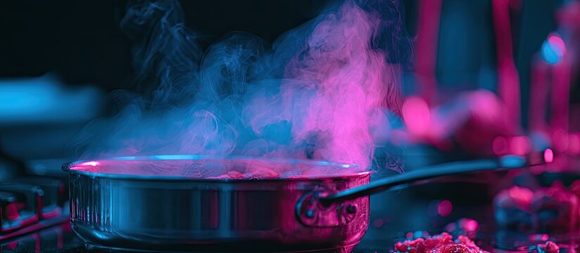 A steaming pan in neon pink and blue light, highlighting culinary preparation