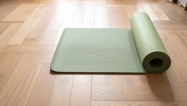 Rolled yoga mat on light brown herringbone parquet flooring with exercise training wellness lifestyle activity equipment