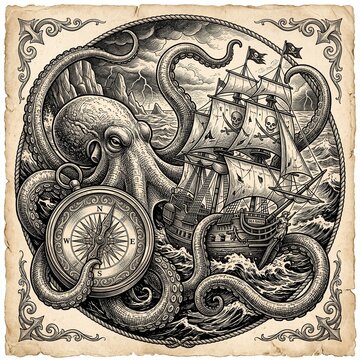 Vintage Kraken Attacking Pirate Ship with Antique Compass on Stormy Sea Engraved Maritime Illustration in Classic Woodcut Style