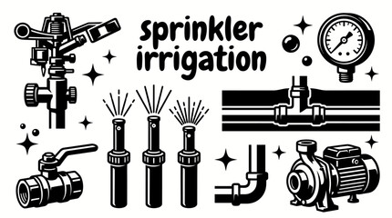sprinkler irrigation equipment featuring rotary sprinklers spray heads control valves underground pipes water pumps pressure gauges and irrigation controllers agriculture landscaping and turf © Evan