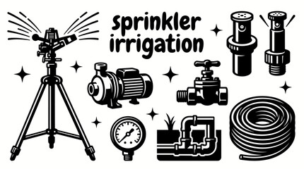 sprinkler irrigation equipment featuring rotary sprinklers spray heads control valves underground pipes water pumps pressure gauges and irrigation controllers agriculture landscaping and turf © Evan