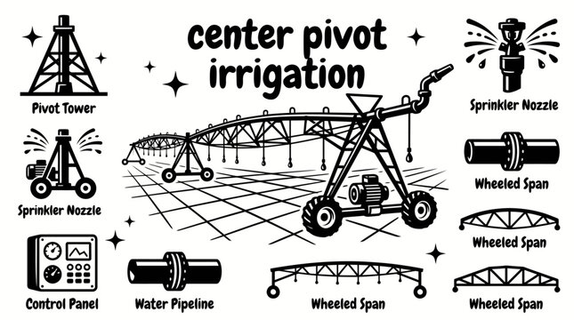 Center pivot irrigation equipment featuring pivot towers sprinkler nozzles drive motors water pipelines control panels wheeled spans and agricultural irrigation systems set for modern farming