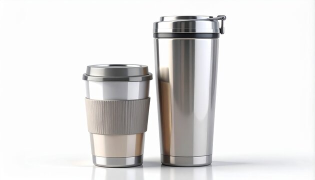 Tall and short stainless steel reusable thermal coffee mugs with stainless insulated beverage container reusable isolated