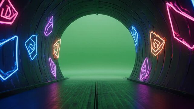 Abstract Neon Tunnel with Geometric Patterns and Green Screen Background
