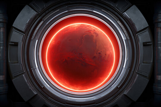 Glowing red planet viewed through futuristic spacecraft window with metallic circular frame, high contrast lighting, and sci fi atmosphere creating mysterious and intense mood