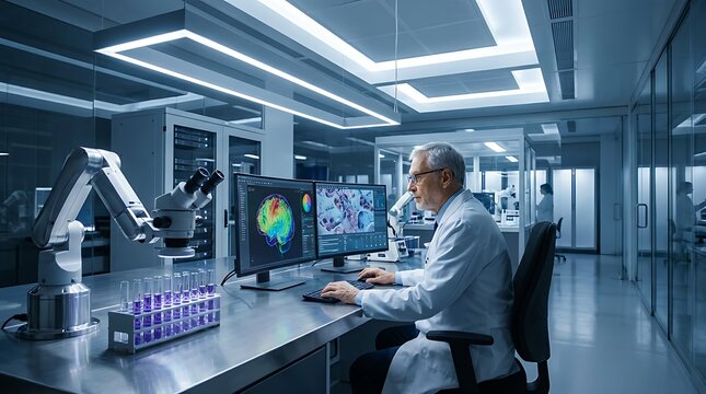Scientist wearing white lab coat analyzing brain scan data and microscopic images on computer screen in futuristic laboratory with robotic arm and glowing lights in background modern research.