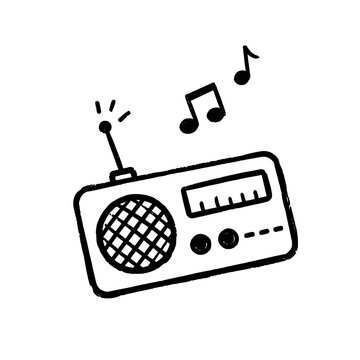 Cute Hand Drawn Retro Radio with Music Notes Line Art Doodle for Prints and Designs