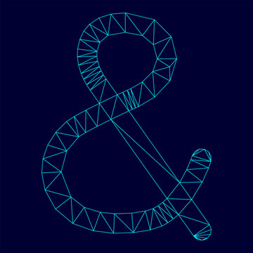 Ampersand low poly triangulation triangulated polygonal electric cyan blue vibrant aqua neon color outline contour line
