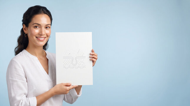 A smiling woman holding a white sign with a skin pore diagram, demonstrating dermatology, ad social media download thambnail poster web template event festival 2026 2027 2028