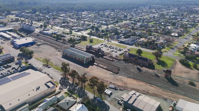 Echuca Victoria, Cinematic Aerial View of Echuca Train Station and the Historic Port Town Centre