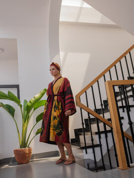 Luxury resort kimono robe with tropical sunset print and matching head wrap