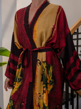 Close up of elegant woman wearing luxury kimono robe