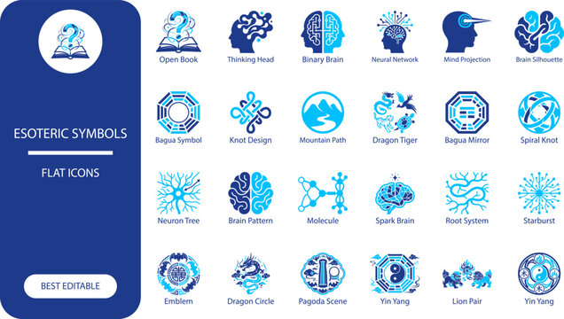 Esoteric symbols icon set. Minimal vector pictogram collection of yin yang, brain, dragon, and feng shui for spiritual design
