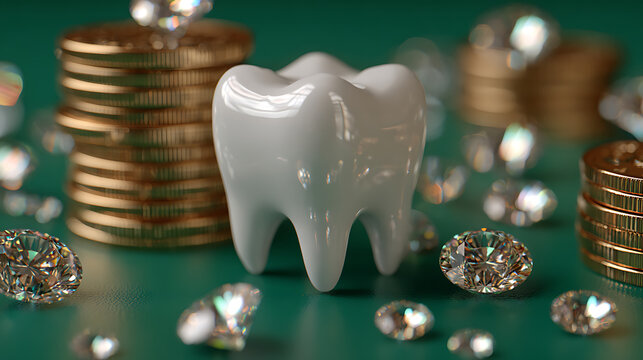Large molar surrounded by sparkling gemstones, diamonds and stacked coins on teal background, premium dental value concept