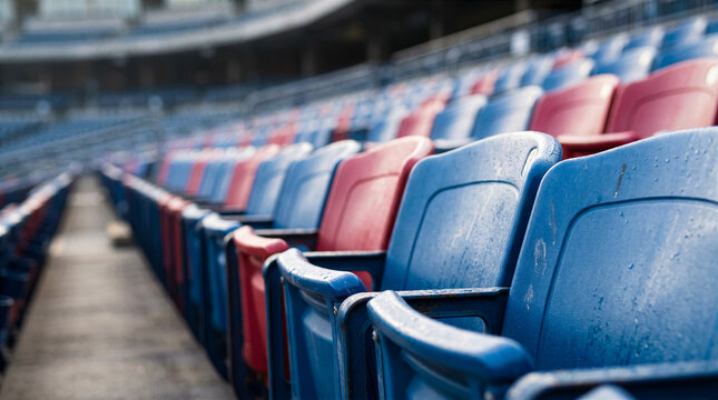 close-up of rows of empty multi-colored seats in a stadium grandstand, a banner announcing the start of the football and college league season, copy space for text
