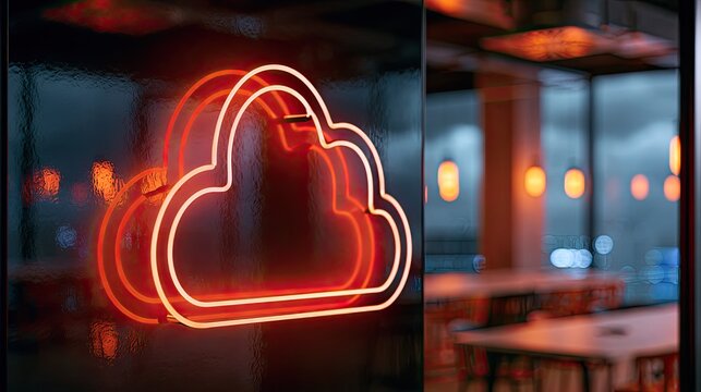 Orange neon cloud outlines glow on a glass surface, reflected background